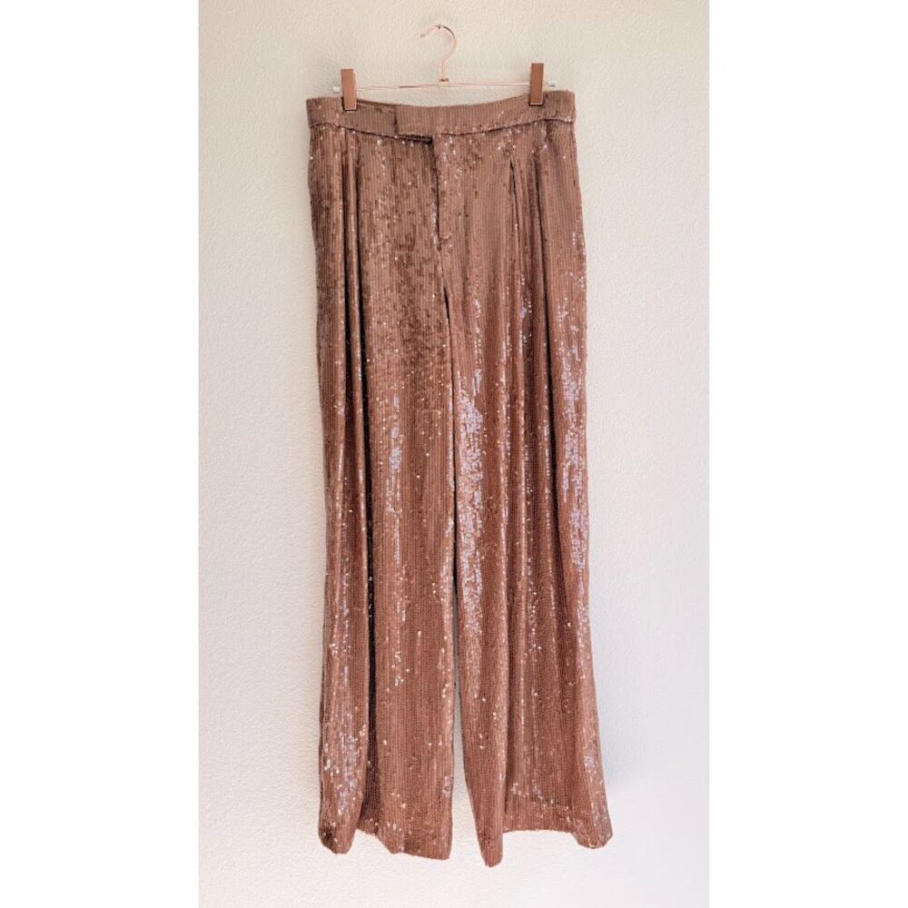 Zara Sequin Wide Leg High Rise Tailored Pants in Brown Sparkle size Small NWOT